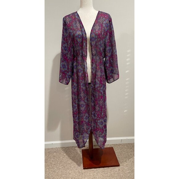 True Craft Tops - True Craft Duster Womens L Purple Print Gathered Waist Cover Up